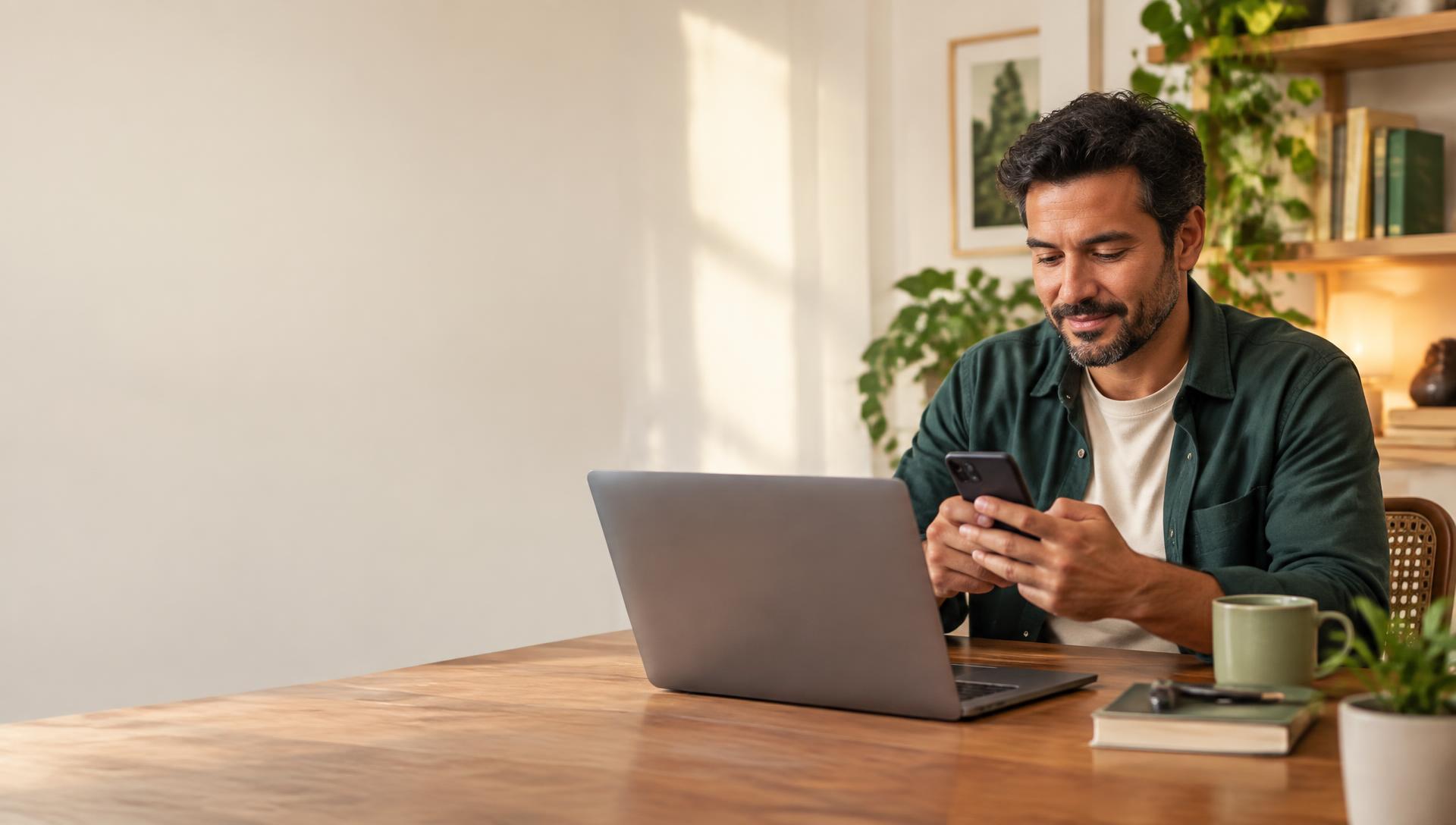 Homem estudando online pelo celular com notebook sobre a mesa